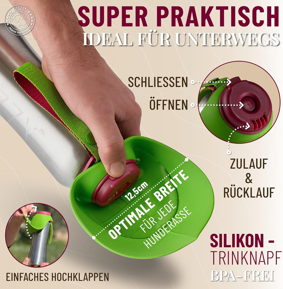 GIZZY® Trinkflasche Hund – Auslaufsichere Edelstahl-Wasserflasche